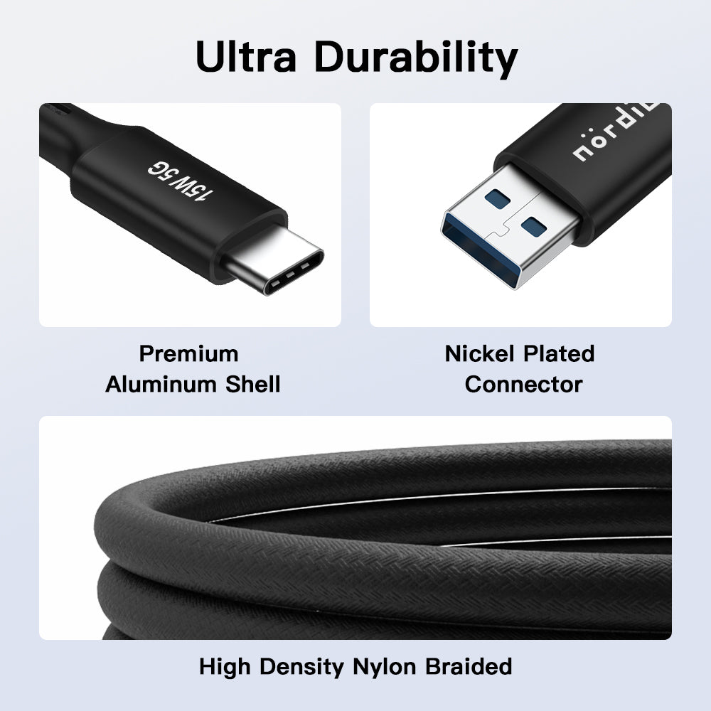 NÖRDIC USBC-N1038 USB-C naar USB-A kabel - USB3.2 Gen1 - 5m - 5Gbps - PD 60W - Zwart