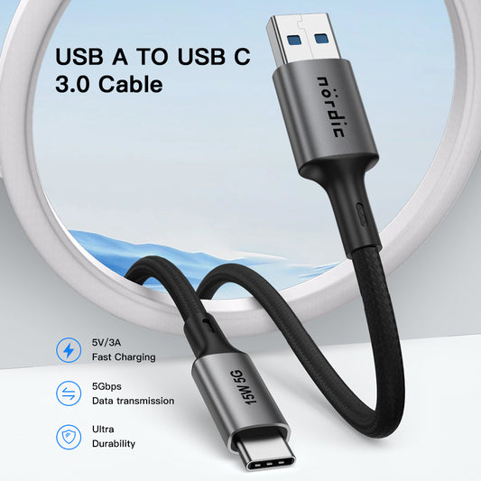 NÖRDIC USB naar USB C Kabel - USB3.2 Gen1 - 3A PD 60W - 5Gbp - Geschikt voor Laptop, Tablet, Smartphone & Nintendo Switch - 5m