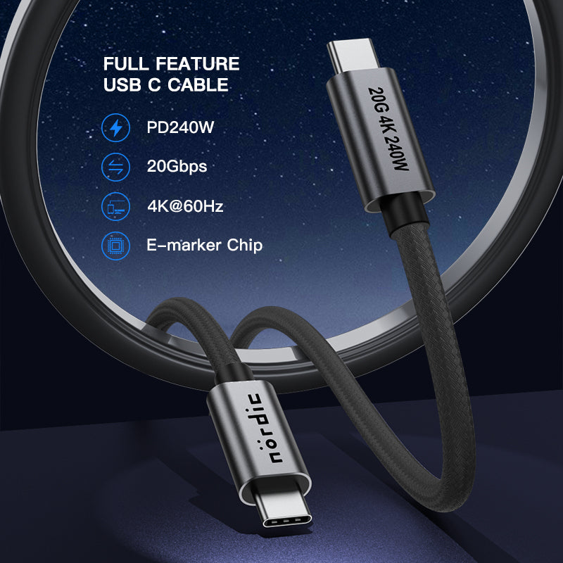 NÖRDIC USB C to USB C Cable - USB3.2 Gen1 - PD3.1 240W 20G - 4K60Hz - Suitable for Laptop, PC, Smartphone & Tablets - 25cm - Gray