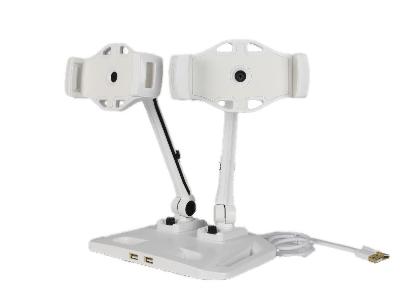 DELTACO ARM-267 Stand with 2 arms, Universal holders for Smartphone & Tablet (4 - 12.2 inch), 360 degree rotation, 2 built-in USB 2.0 ports, white
