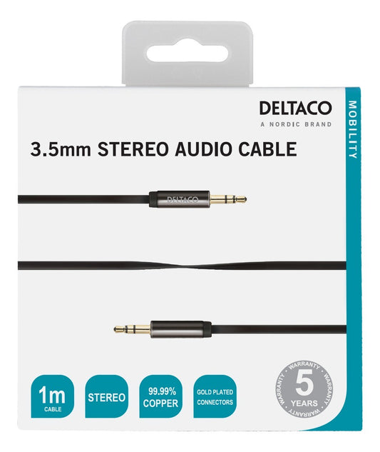 Deltaco AUD-101 3,5 mm naar 3,5 mm Stereo audiokabel 1 m platte kabel voor smartphone, tablet, PC en notebook