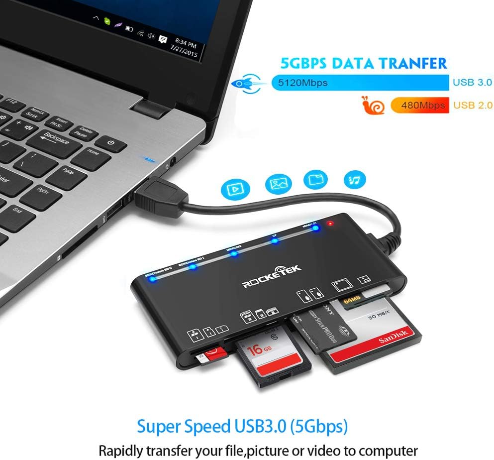 NÖRDIC CRD-015 Kaartlezer 7in1 USB3.0 - 2xSD/2xTD/CF/XD/MicroSD - 2TB - 5Gbps - UHS-I - Zwart
