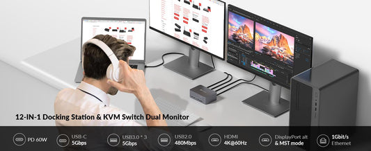 NÖRDIC KVM switch 2 naar 2 - USB-C, DP, HDMI - 4K60Hz - USB-A - Laptop via USB-C + PC via HDMI/DisplayPort - Windows 11/10/9/8 & Linux
