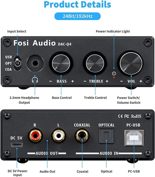 NÖRDIC FosiAudio Q4 - DAC - Hi-Res - Stereo USB Gaming DAC En Hoofdtelefoonversterker Audio Converter Adapter Voor Thuis/Desktop