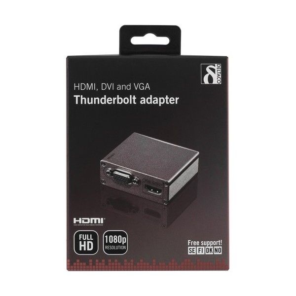 DELTACO DP-MULTI3 Thunderbolt naar HDMI / DVI / VGA-adapter, 1080P, aluminium, grijs