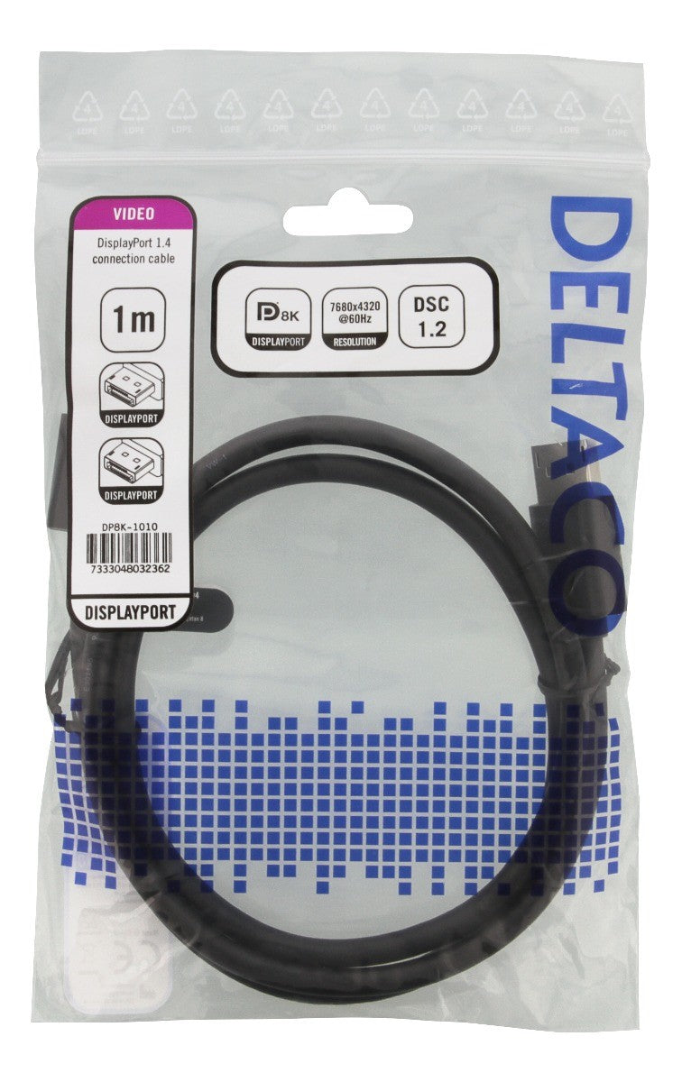 DELTACO DP8K-1010 DisplayPort kabel 8K - DP 1.4 - 1 meter