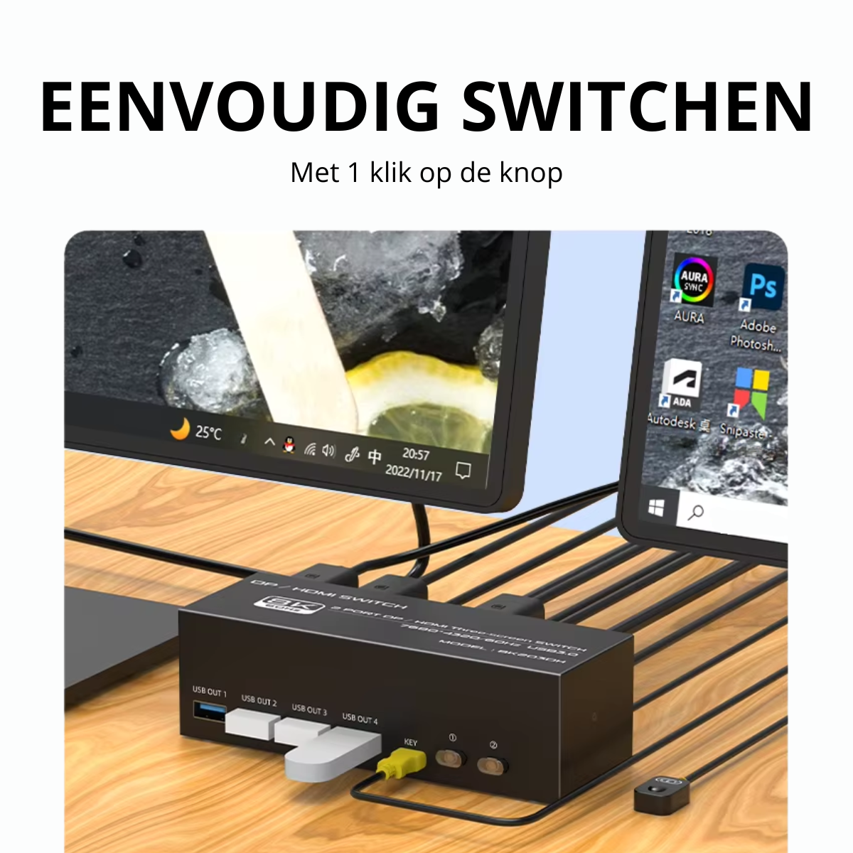 Delmark KVM Switch - DisplayPort & HDMI 2 PC's naar 3 Monitors - 8K60Hz - HDMI 2.1 / DP 1.4 - 4x USB 3.0 Poorten - Docking station - Inclusief DP, HDMI en USB kabels