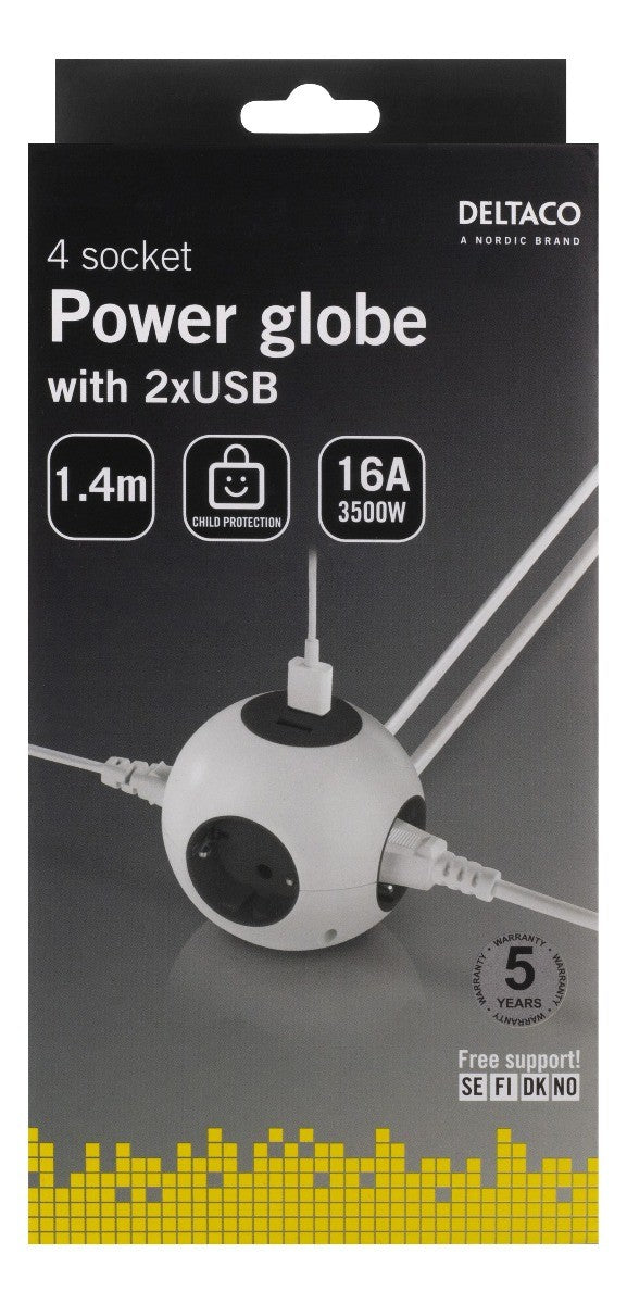 DELTACO GT-292 Power Globe Stekkerdoos met 2x USB - Geschikt voor 4 stekkers - met kinderbeveiliging - wit - 1,4 meter