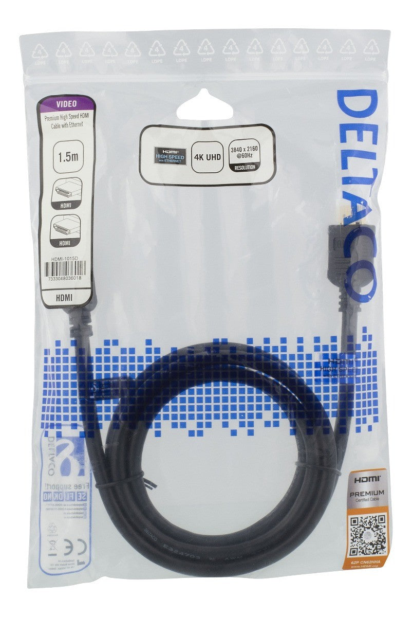 DELTACO HDMI-1015D High-Speed Premium HDMI-kabel - 1,5 meter - Ethernet, 4K UHD - Zwart
