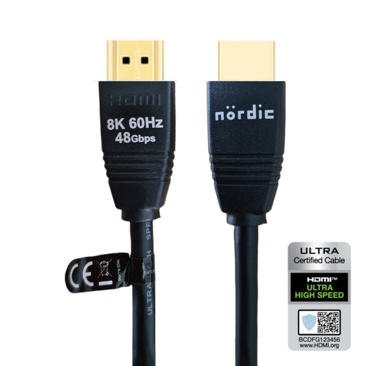 NÖRDIC HDMI-550 HDMI naar HDMI kabel - Gecertificeerd - HDMI2.1 - 8K60Hz - 48Gbps - Vergulde connectoren - 5m - Zwart