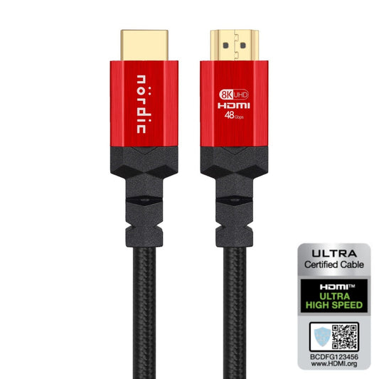 NÖRDIC HDMI-N1007 HDMI Ultra High Speed kabel - Gecertificeerd - 8K HDMI 2.1 - 50cm - Zwart/Rood