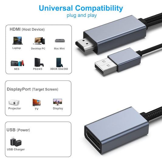 NÖRDIC HMDP-106 HDMI naar Displayport Adapter - USB-A - 4K60Hz - 18Gbps - 50cm - Grijs