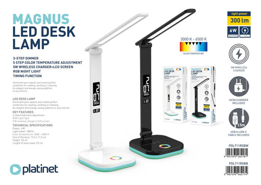 Platinet Bureaulamp LED - Draadloze oplader 5W - Wekker & Thermometer - Geschikt voor Smartphones - Zwart