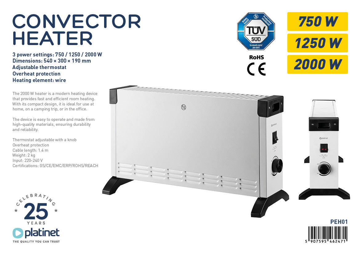 Platinet Elektrische Kachel - 750 W, 1250 W, 2000 Watt - Convectorkachel Elektrisch - Compact & Modern - Wit