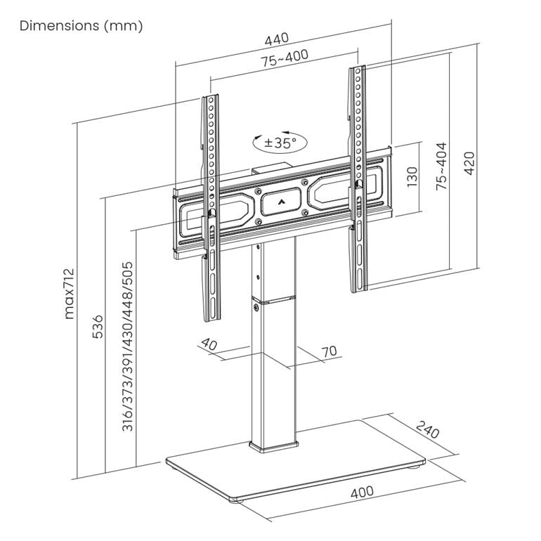 Universele Tafelmodel TV-standaard - Voor 32" tot 65" inch - Zwart Glas - Draaibaar & In Hoogte Verstelbaar - Gembird