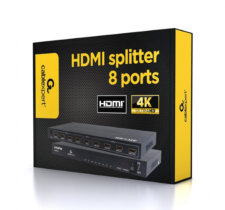 Cablexpert 8-poorts HDMI Splitter - 4K 30Hz - 1x HDMI in - 8x HDMI uit - Ingebouwde versterker - Geschikt voor TV, monitor & projector