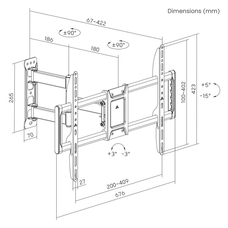 Gembird Full-Motion TV-Muurbeugel - 37" tot 90" inch - Draaibaar & Kantelbaar - Max. 50 kg - Zwart