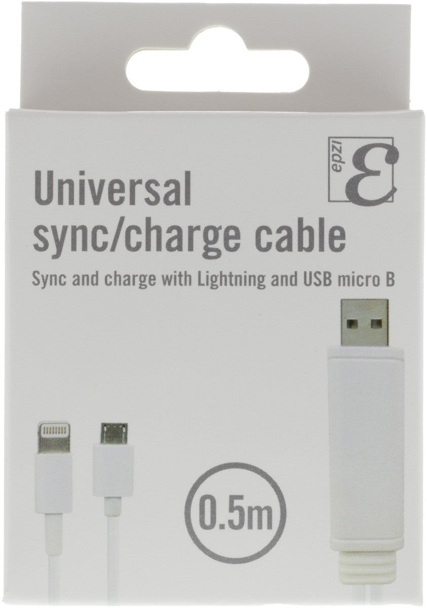 DELTACO EPZI IPLH-190, Universal Sync / Charge Cable, USB Type A to micro USB and 1x Lightning - White - 0.5m