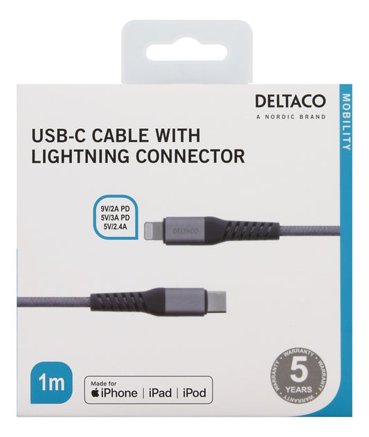 DELTACO IPLH-314M USB-C naar Apple Lightning kabel MFi - 1 meter - Spacegrey
