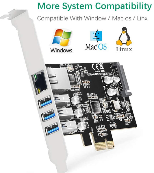 Maiwo KC015 PCI Express x1 naar 3x USB 3.0 - RJ45 - 5 Gbps