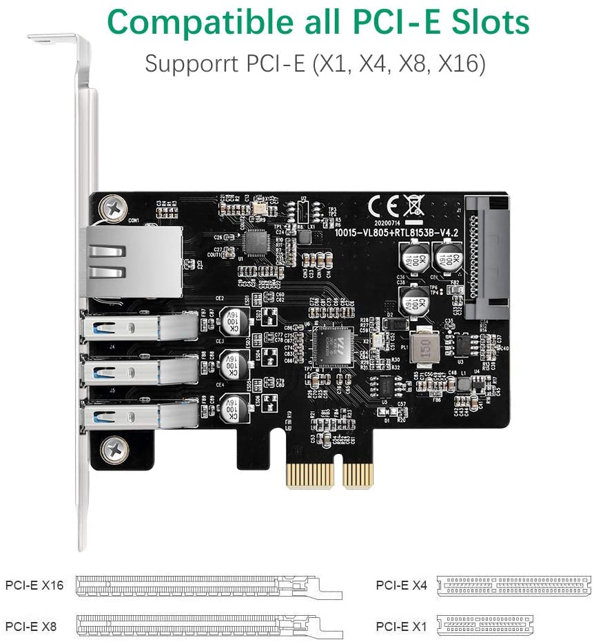Maiwo KC015 PCI Express x1 naar 3x USB 3.0 - RJ45 - 5 Gbps