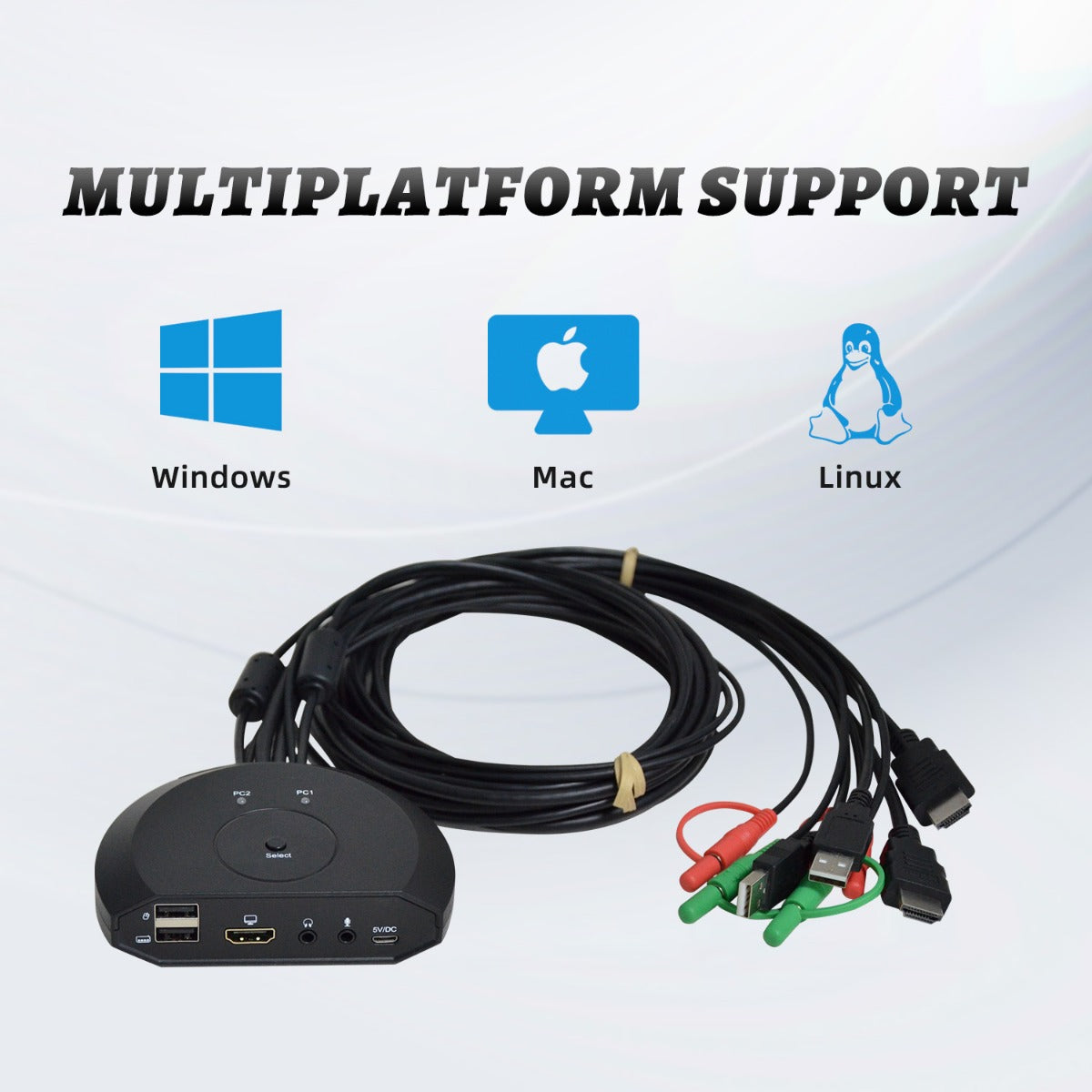 NÖRDIC KVM-144 KVM Switch - 2 to 1 - HDMI 2.0 - USB-A - 3.5 mm AUX - 4K60Hz - Black