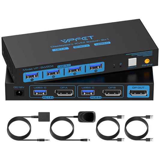 NÖRDIC KVM-150 KVM Switch - Displayport to USB - 8K60Hz 4K144Hz, 4xUSB 3.1 - Black