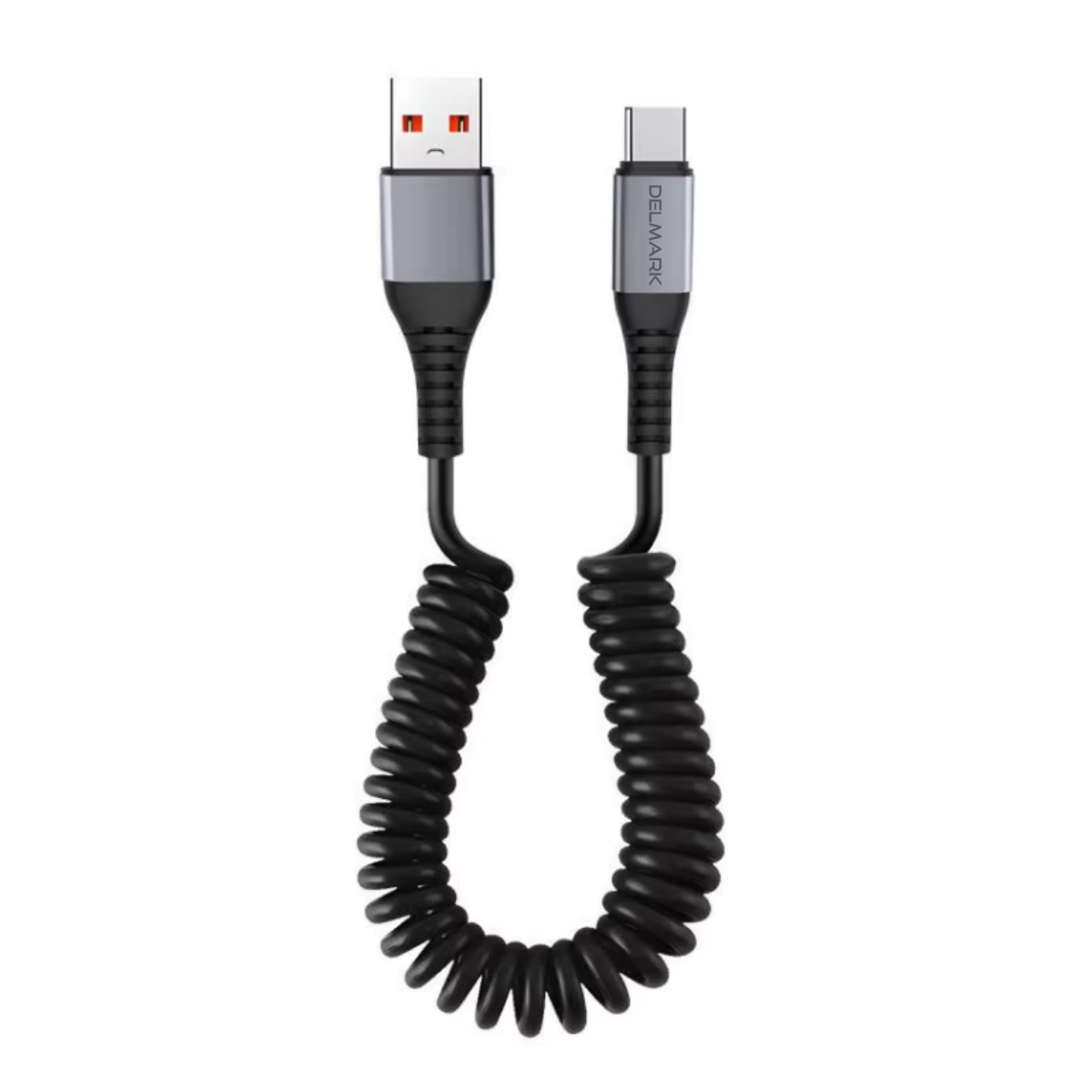 Delmark Krulsnoer USB-A naar USB-C Kabel – 66W Fast Charging Spiraalkabel – 3A Quick Charge & PD – Elastische Krulkabel – Grijs/Zwart