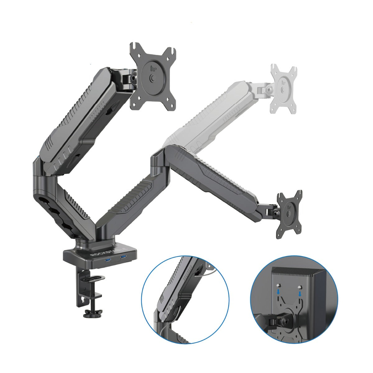 ROCKSTABLE RS-MM007 Monitor arm - Voor 2 schermen - Draai- en kantelbaar - Met USB 3.0 poorten - 13-27" inch - Zwart