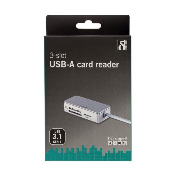 DELTACO UCR-147, USB Cardreader USB 3.1 Gen 1 SD, Micro SD and MemoryStick Pro/Duo Card Reader Windows & macOS silver