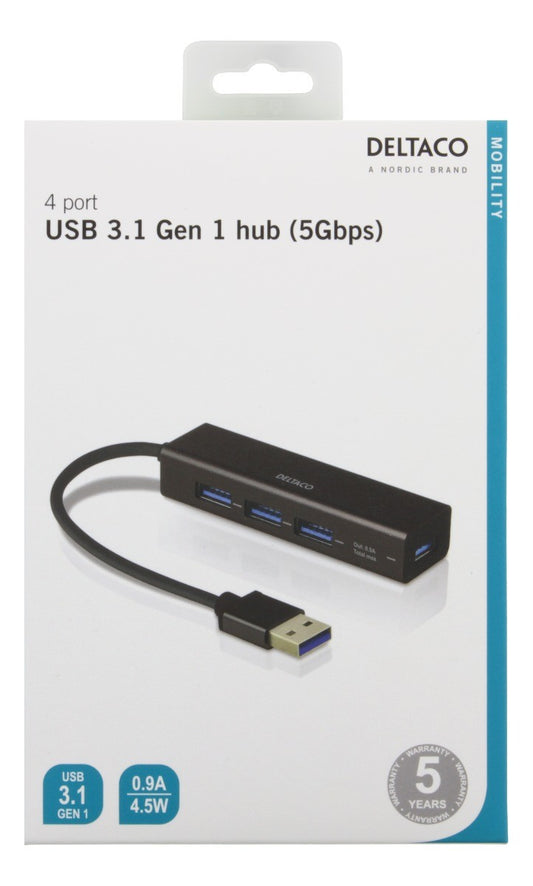 DELTACO UH-487 Mini USB hub 4-port - USB 3.1 Gen 1 (5Gbps) - Black