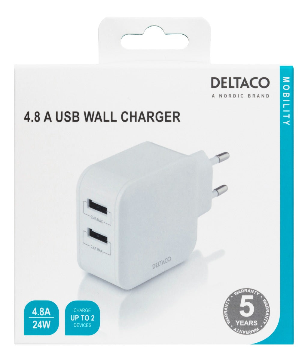 DELTACO USB-AC175 USB-wandoplader met dubbele poorten - 4.8A 24W - Wit