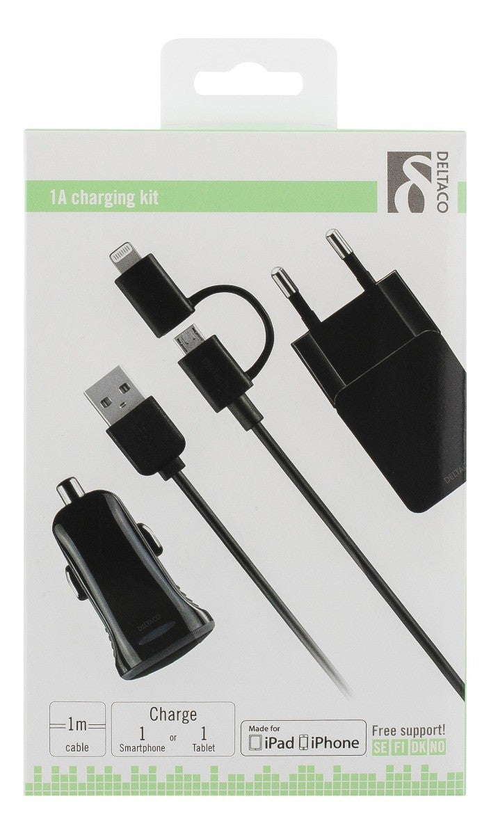 DELTACO USB-ACDC 1A Oplaadset - Autolader - Wandlader - Micro-USB kabel - Lightning MFi - Zwart - 1 meter