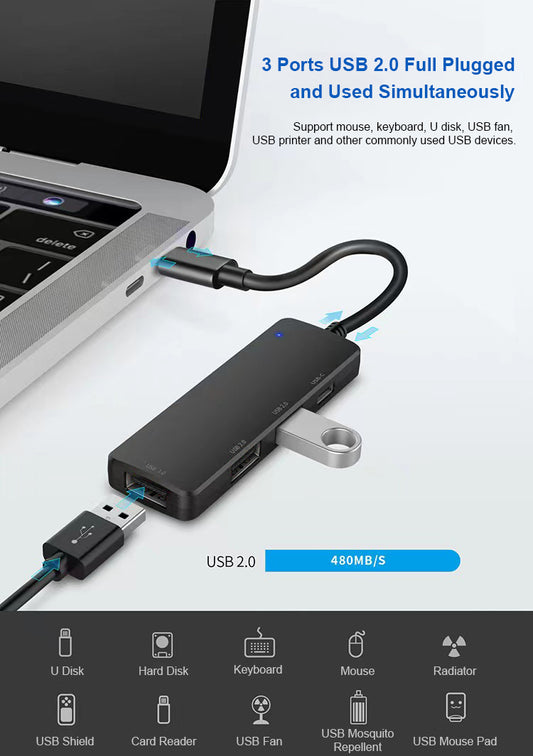 NÖRDIC USB HUB9 - USB-A 2.0 - hub 4-port - 3xUSB-A - 1xUSB-C - 480Mbps - Black