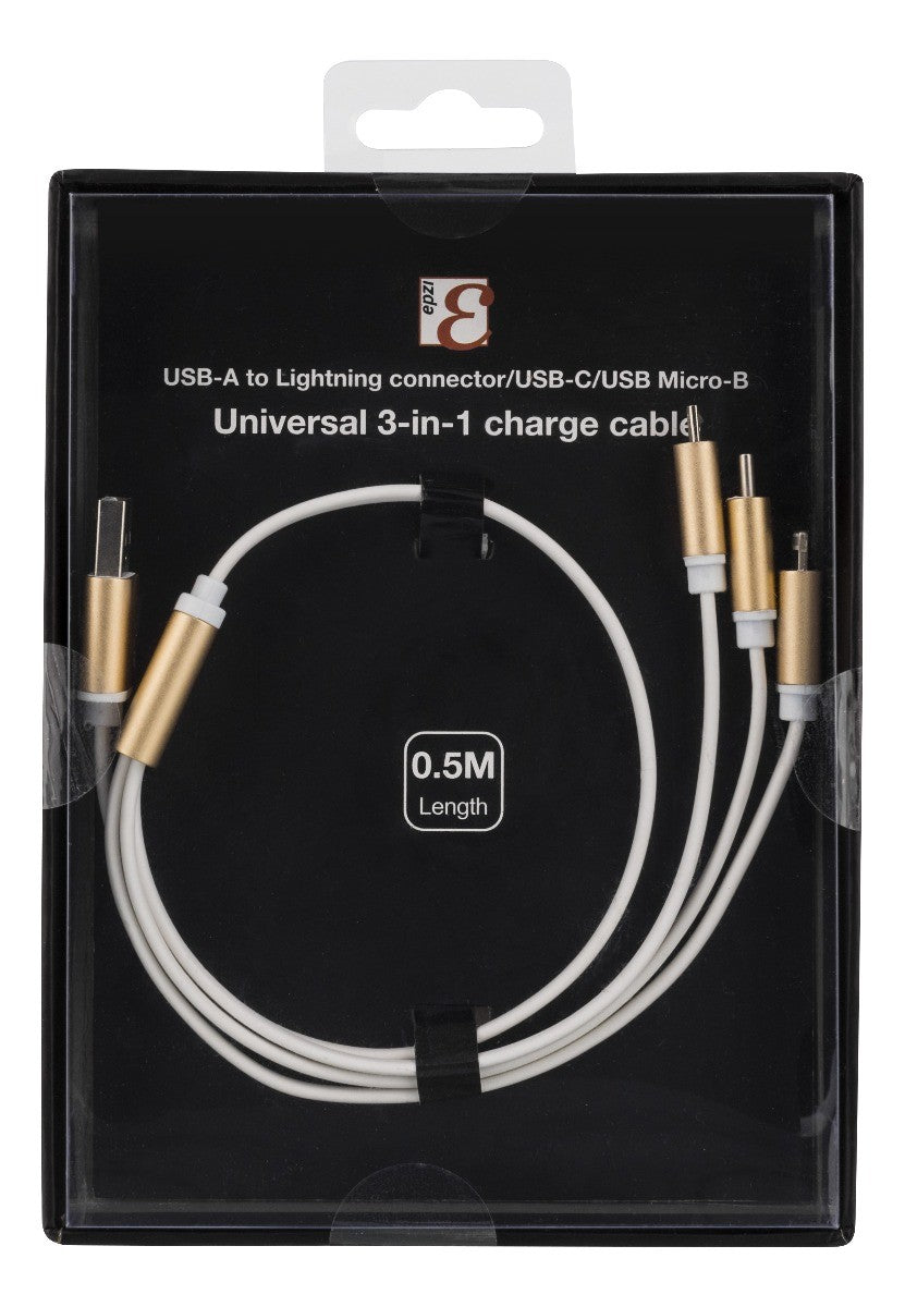Deltaco EPZI USB-MULTI05 Universele 3-in-1 USB oplaadkabel - USB-C, Lightning, Micro USB - 50 cm