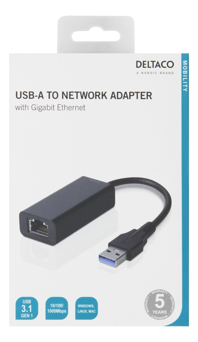 DELTACO USB3-GIGA5 USB 3.1 to Gigabit Ethernet RJ45 10/100/1000 Mbit adapter macOS, Linux and Windows black