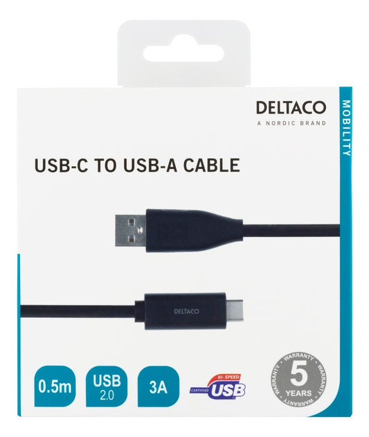 DELTACO USBC-1003M USB-C naar USB-A-kabel, 3A, zwart - 0,5 meter