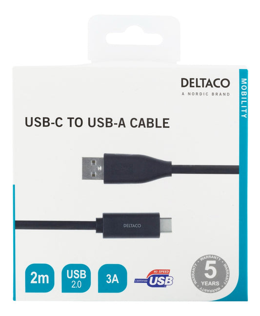 Deltaco USBC-1006M USB-C naar USB-A kabel - 3A - 2 meter - Zwart