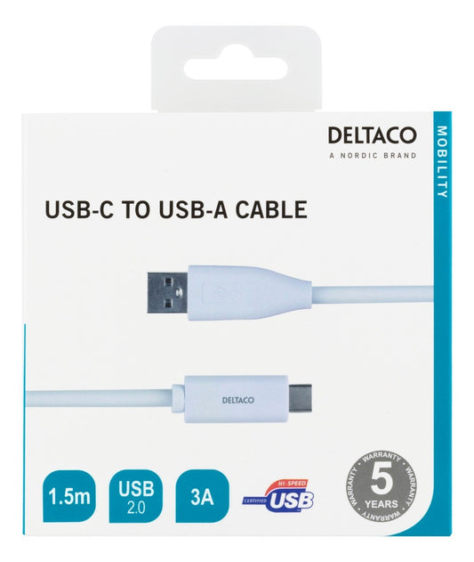 DELTACO USBC-1010M USB-C naar USB-A-kabel, 3A, wit - 1,5 meter