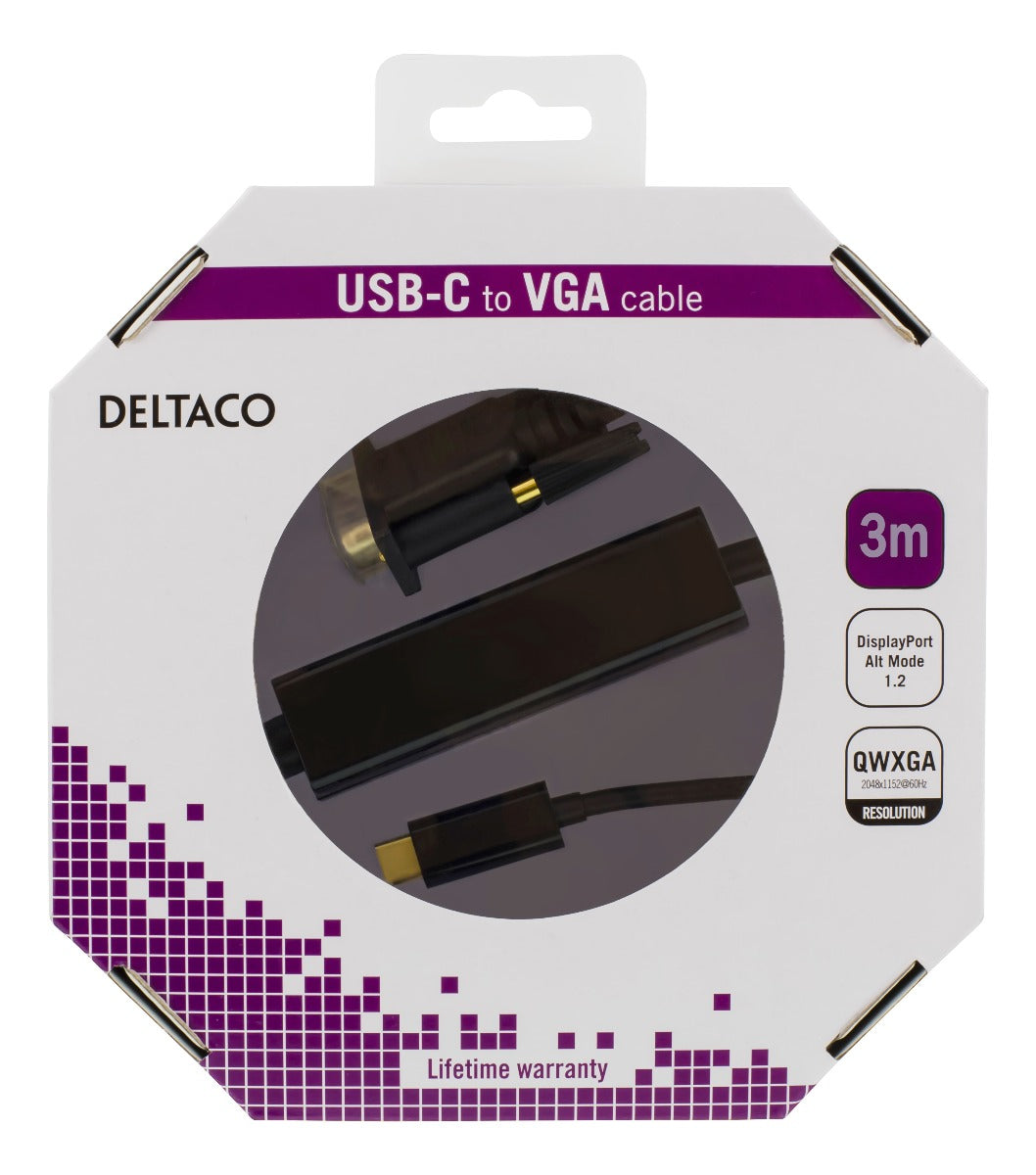 Deltaco USBC-1088-K USB-C naar VGA kabel - QWXGA 2048x1152 in 60Hz - 3 meter - Zwart