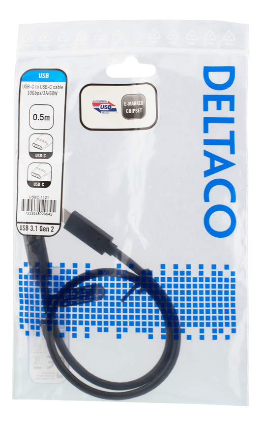 DELTACO USBC-1121 USB-C naar USB-C SuperSpeed kabel 3A 60W (3.1 Gen 2) - 50cm - Zwart