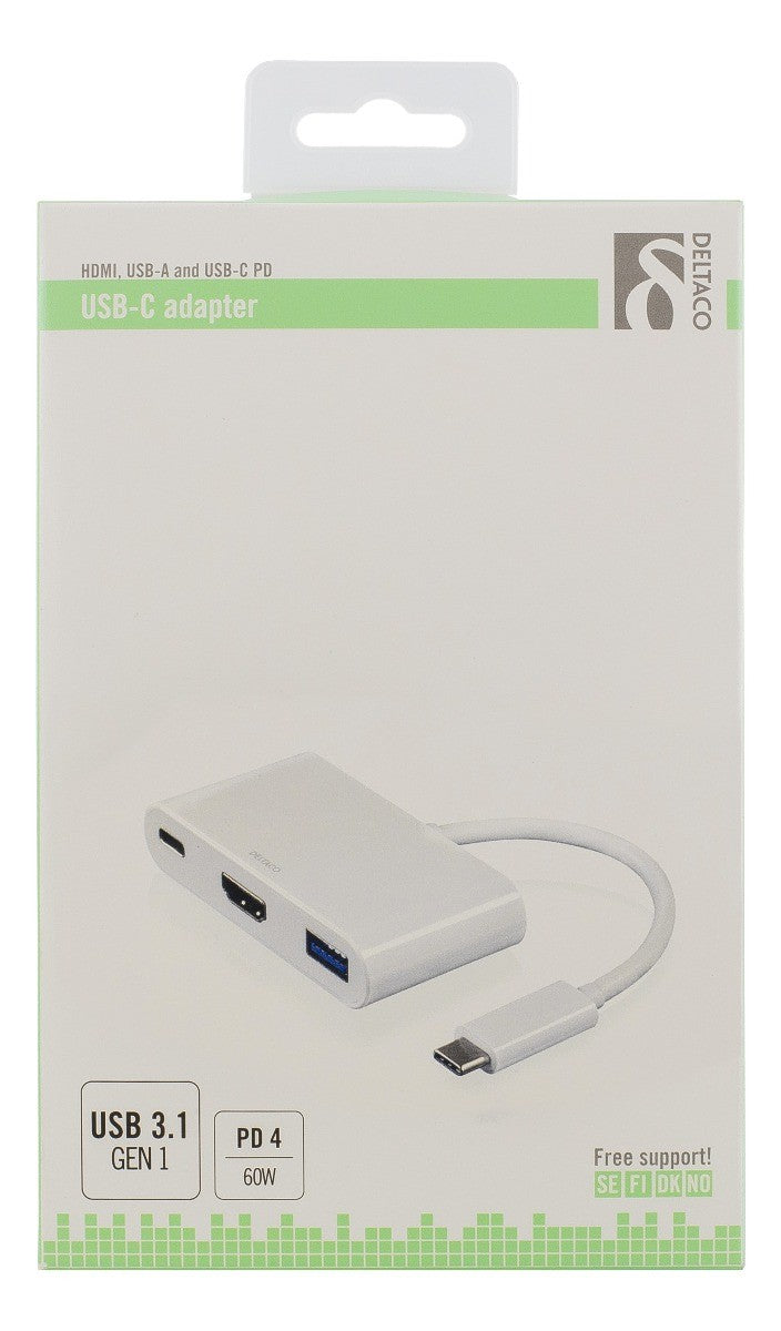 DELTACO USBC-1171 USB-C naar HDMI (3840x2160 @ 30Hz) adapter - USB 3.1 en USB-C PD4 60W - Wit