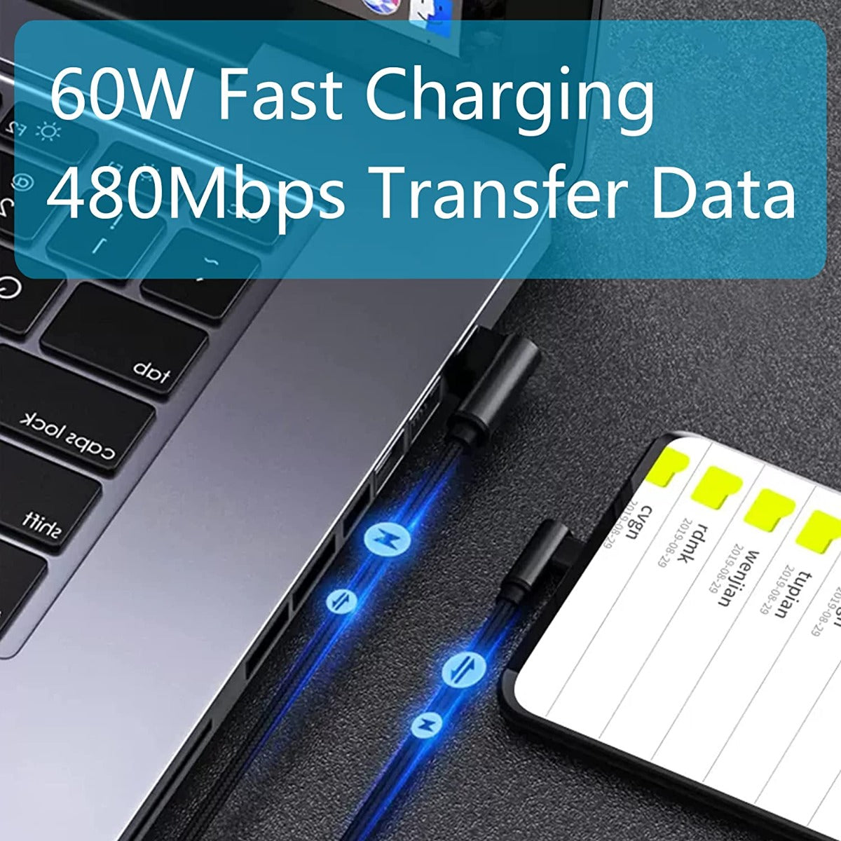 NÖRDIC USBC-126 - Haakse aansluiting - USB-C naar USB-C kabel - 60W - Zwart - 2m