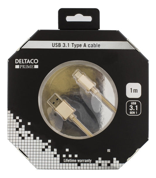 DELTACO USBC-1256, stoffen USB-C kabel, USB 3.1 Gen 1 naar USB Type C goud, 1 meter