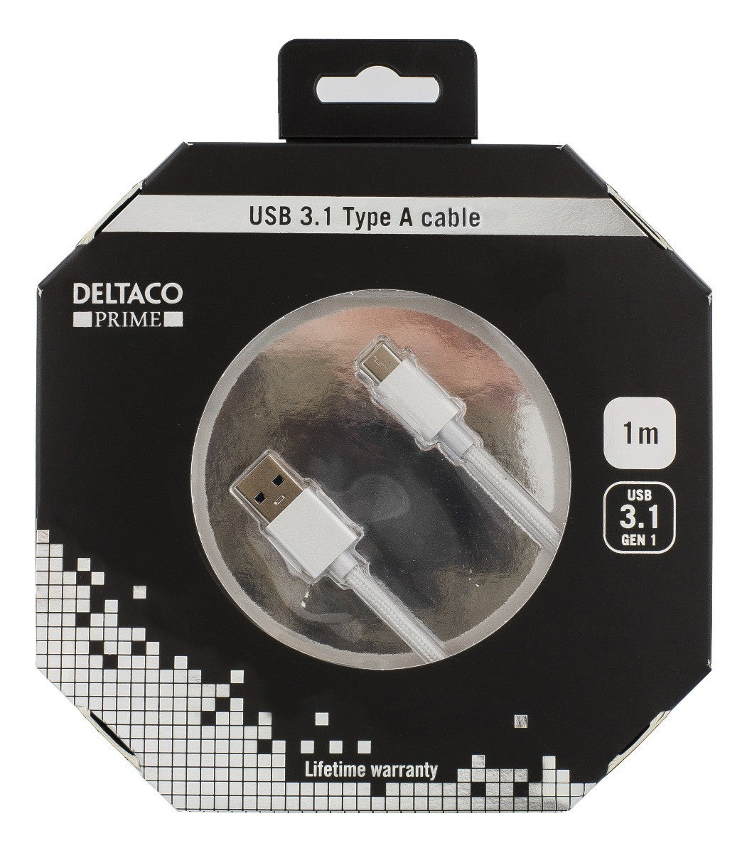 DELTACO USBC-1257, stoffen USB-C kabel, USB 3.1 Gen 1 naar USB Type C zilver, 1 meter