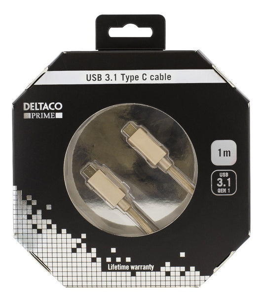 Deltaco USBC-1259 stoffen USB-C kabel 1 Meter USB type C USB 3.1 Gen 1 naar USB Type C goud