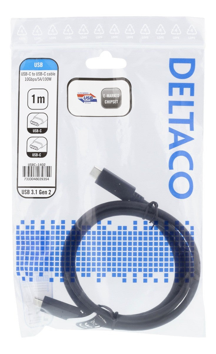 DELTACO USBC-1402, USB-C to USB-C Cable, 10 Gbps, USB 3.1 Gen 2, E-Marked, Black - 1 meter