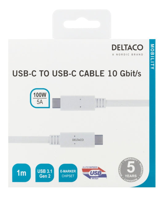 DELTACO USBC-1407M, USB-C - USB-C cable, 10 Gbps, E-marker chipset, white - 1m