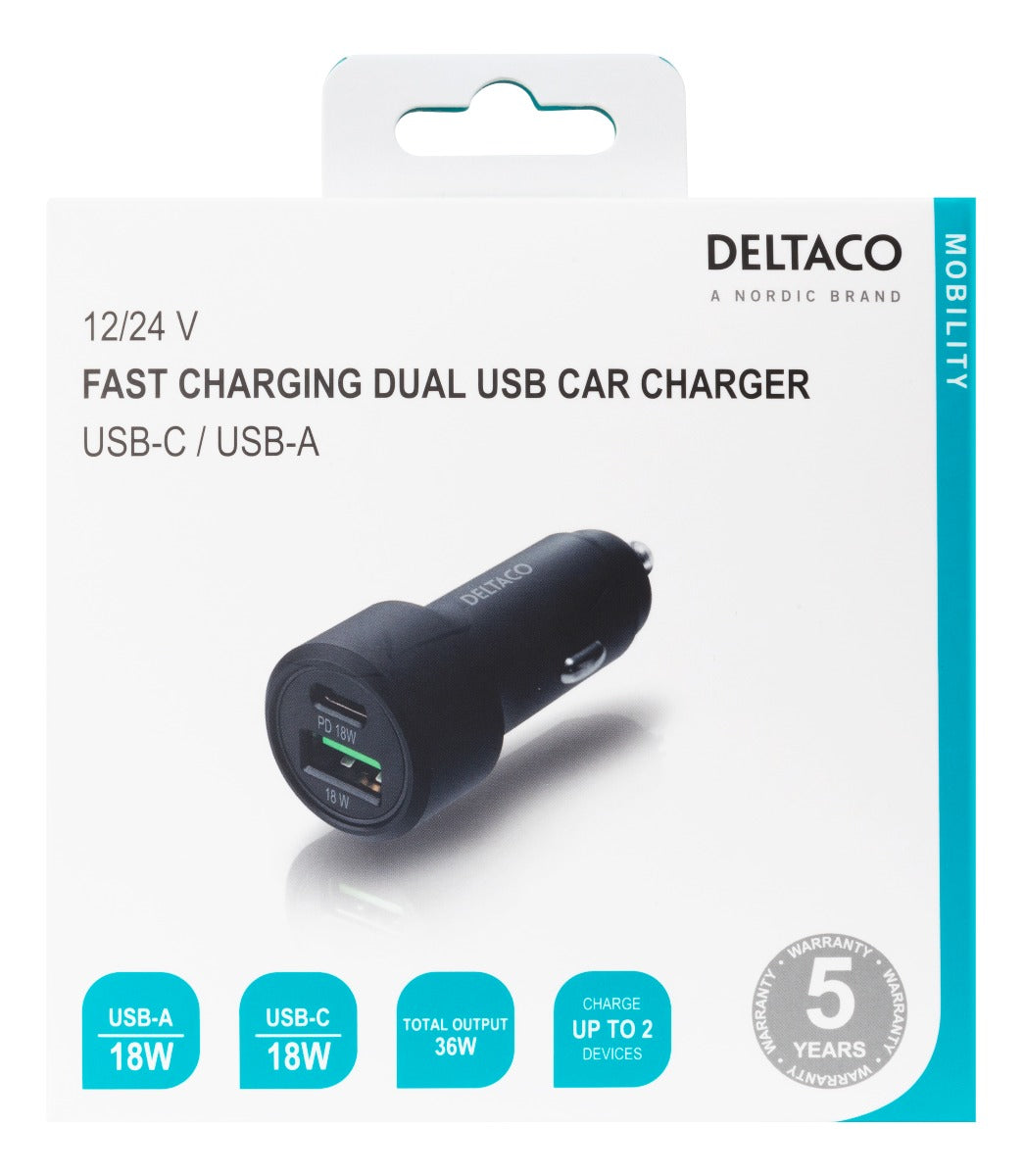 DELTACO USBC-CAR122 Autolader USB en USB-C Power Delivery - 36W - Zwart