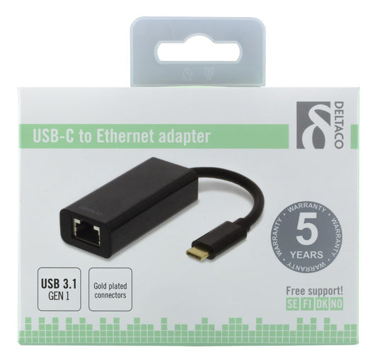 DELTACO USBC-GIGA USB 3.1 Netwerk adapter - Gigabit - 1xRJ45 - Zwart